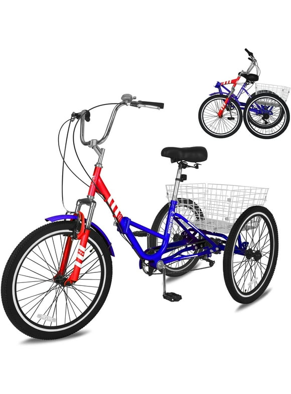LILYPELLE 24" Adults Folding Tricycle, 7 Speed Foldable Tricycle,Low-Step Through 3 Wheels Trike for Seniors with 450lbs Capacity,Stars & Stripes