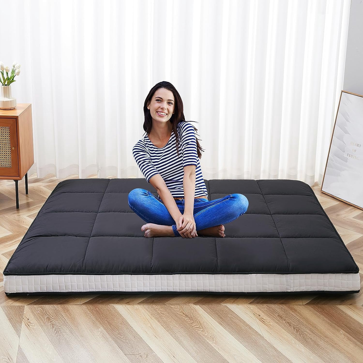 LILYPELLE 4" Thick Japanese Floor Mattress, Futon Mattress with Removable Cover , Foldable Mattress, Roll Up Mattress Sleeping Tatami Mat Floor Lounger Guest Bed, Queen