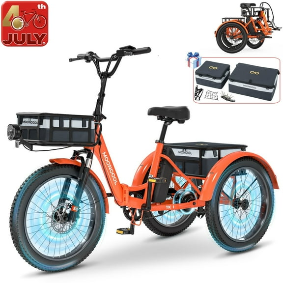 Lilypelle Folding Electric Tricycle for Adults, Peak 1000W Motor 48V Foldable Ebike Electric Trike, 20" Fat Tire 3 Wheel Electric Bicycle with Front & Rear Baskets & Pet Carrier