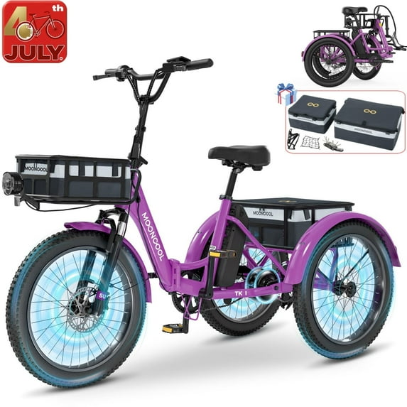 Lilypelle Folding Electric Tricycle for Adults, Peak 1000W Motor 48V Foldable Ebike Electric Trike, 20" Fat Tire 3 Wheel Electric Bicycle with Front & Rear Baskets & Pet Carrier