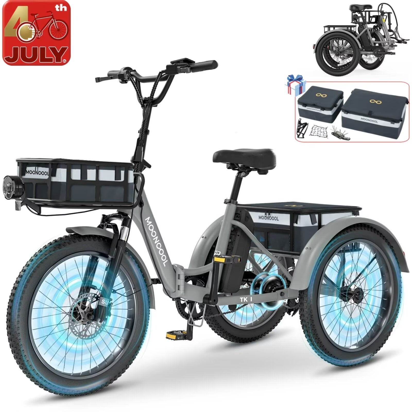 Lilypelle  Folding Electric Tricycle for Adults, Peak 1000W Motor 48V Foldable Ebike Electric Trike, 20" Fat Tire 3 Wheel Electric Bicycle with Front & Rear Baskets & Pet Carrier