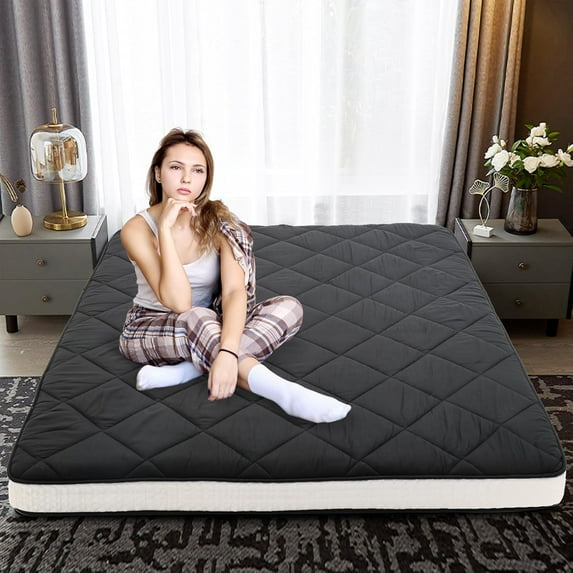 LILYPELLE Futon Mattress,Upgraded Japanese Floor Mattress,Living Room Futon Quilted Bed Mattress Topper,Folding Sleeping Pad,Black,Full