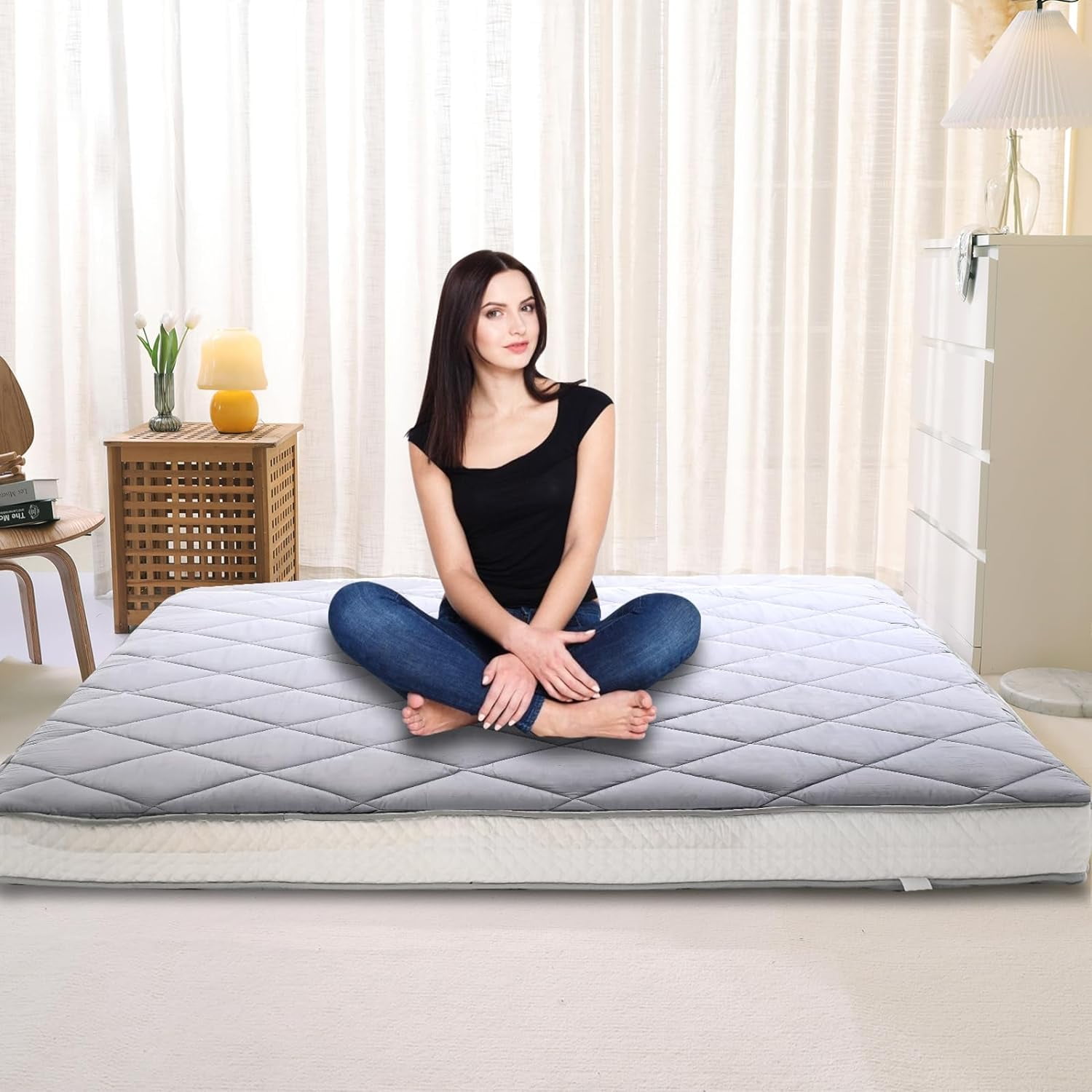 Japanese Nonslip XL Twin Futon Mattress Pad for Sofa Bed and Couch Lounger,  Foldable Dormitory Floor Firm Supported 3in Thicken Tatami Size Mat, Kids
