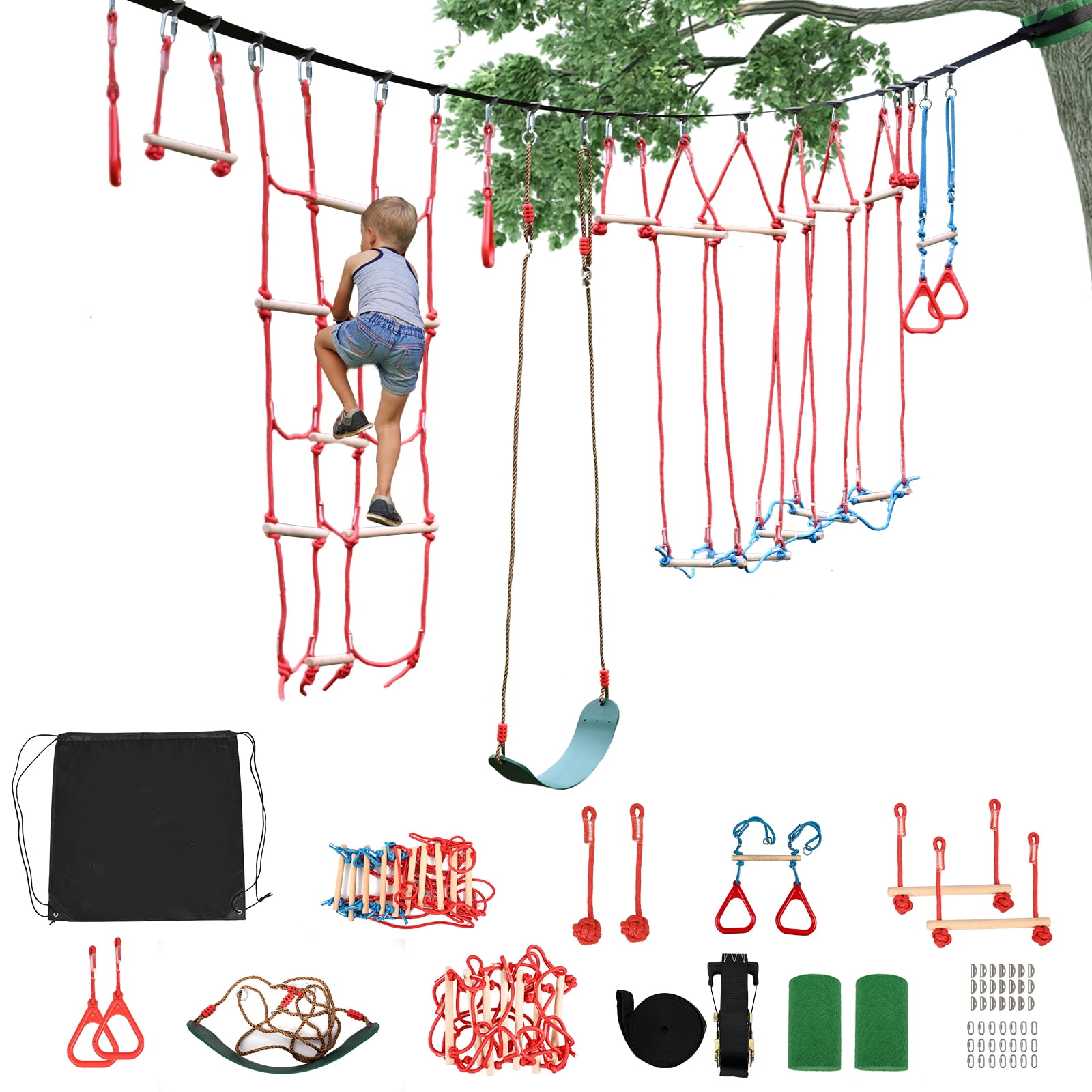 flybold Backyard Slackline Kit - 57 ft Balance Rope and Training Line with  Tree Protectors, Arm Trainer, Ratchet Cover and Carry Bag - For Kids and