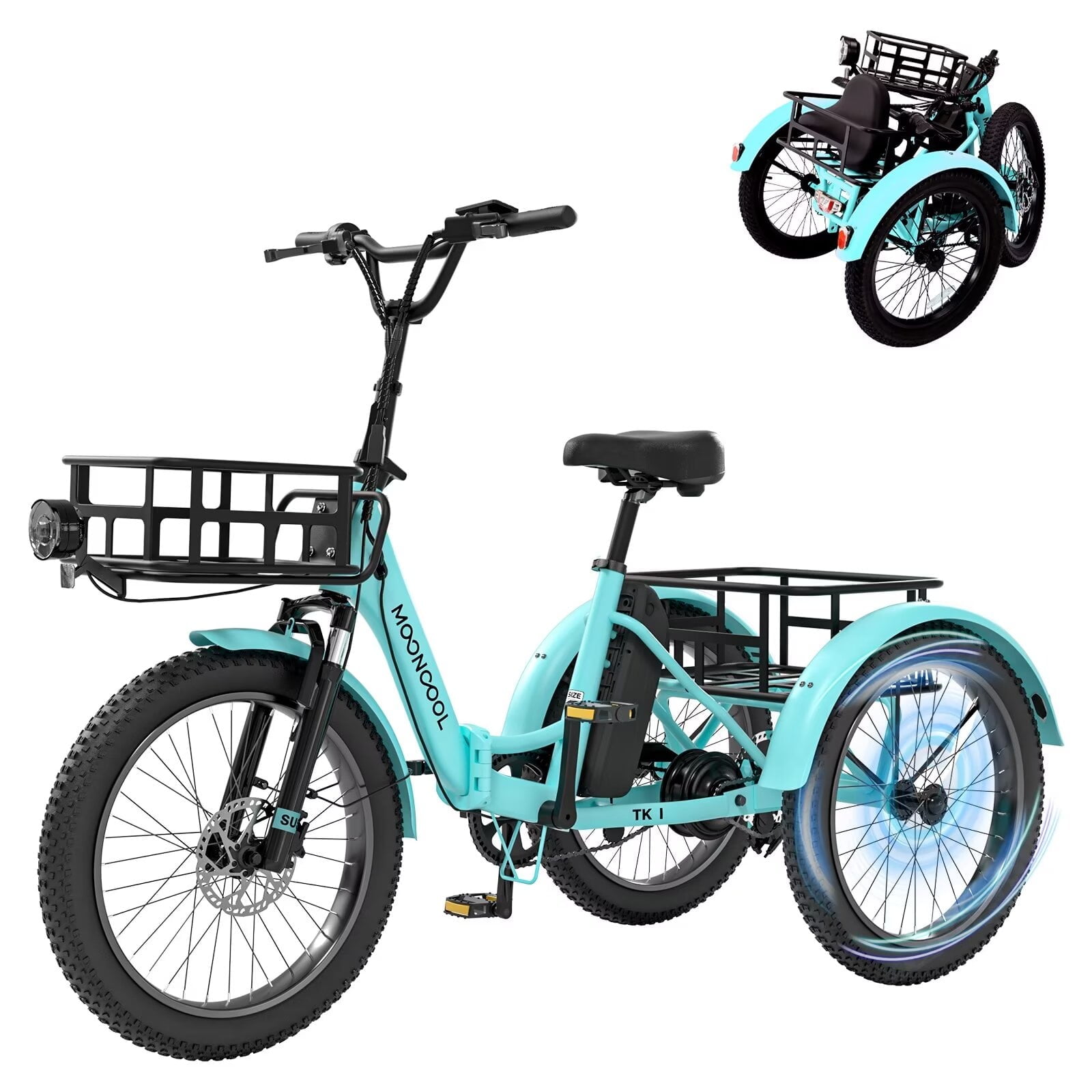LILYPELLE TK1 Electric Folding Tricycle for Adults Seniors with 750W Motor 48v 14.5Ah Detachable lithium battery 20 3in Fat Tires Cyan