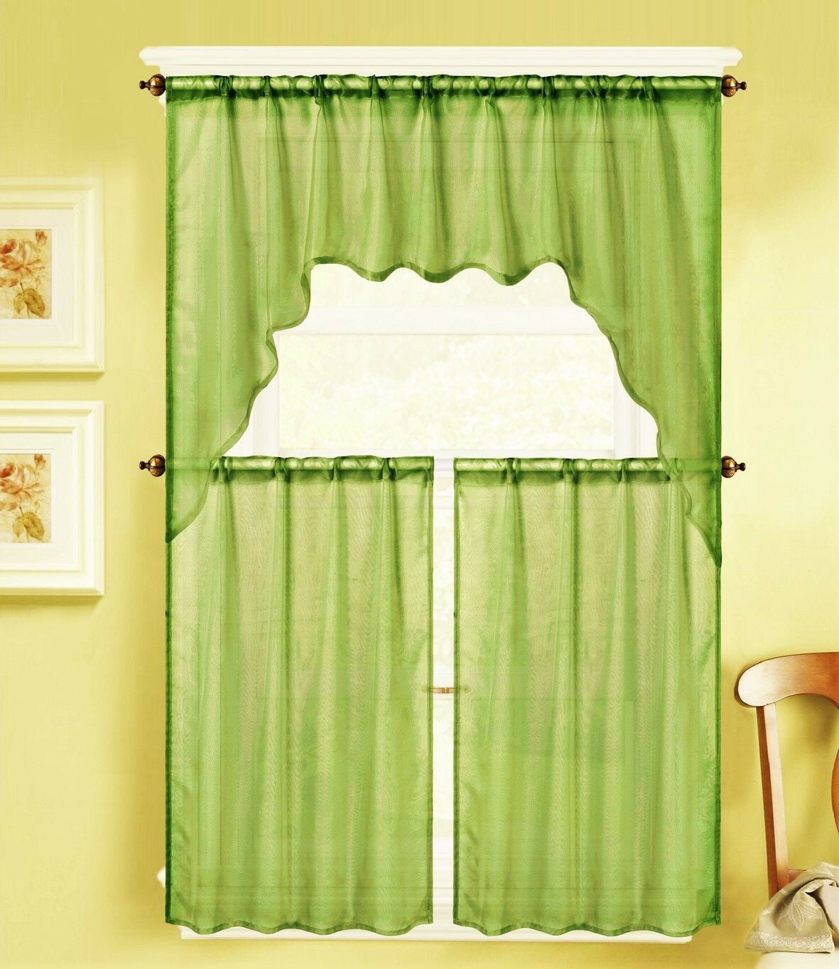 LIME GREEN 3PC K66 Luxurious Sheer Organza Kitchen Rod Pocket Window