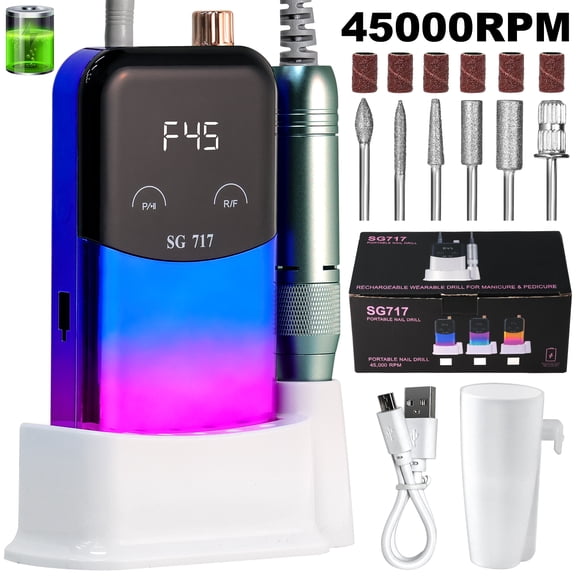 LIMEGIRL Professional Electric Nail Drill Kit 45000RPM Portable Cordless Rechargeable Nail E-File Machine with 6 Drill Bits and Base for Acrylic Gel Nails
