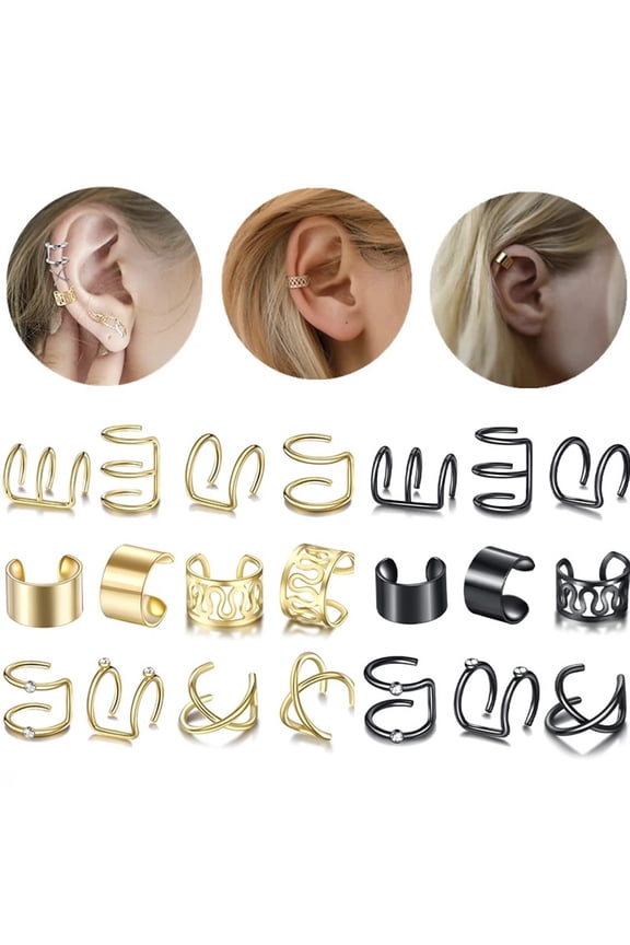 Minimalist Leaf Star Cross Ear Cuff Earrings, Metal, 12 Pcs, No Piercing