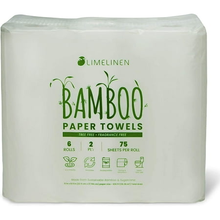 LIMELINEN Tree-free Bamboo Paper Towels, Disposable Hand Towels for Bathroom, Soft & Absorbent 2 Ply Sheets, Hypoallergenic Rolls, 75 Unscented Sheets Per Roll, Pack of 48