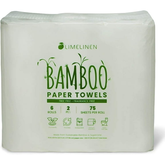 LIMELINEN Tree-free Bamboo Paper Towels, Disposable Hand Towels for Bathroom, Soft & Absorbent 2 Ply Sheets, Pack of 96 Hypoallergenic Rolls, 75 Unscented Sheets Per Roll