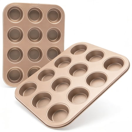 LIMICAR 2 Pack Nonstick Muffin Tin & Cupcake Pan 12-Cup, Heavy Duty Carbon Steel Muffin Pans Nonstick for Baking, Dishwasher Safe, Gold