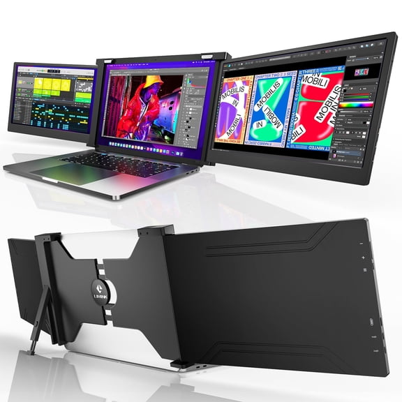 LIMINK S19 14" Portable Triple Monitor, FHD HDR IPS Screen Extender for 15-17" Laptop, Tri Screen Monitor Workstation, Plug&Play, Compatible with MacOS/Wins, USB/HDMI, Black