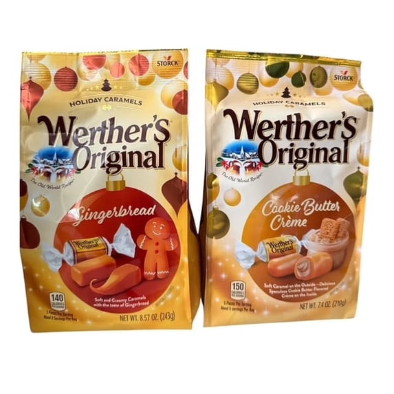 Werther's Original Cookie Butter and Gingerbread Soft Crème Filled Caramels, Holiday Limited Edition, 2 BAGS