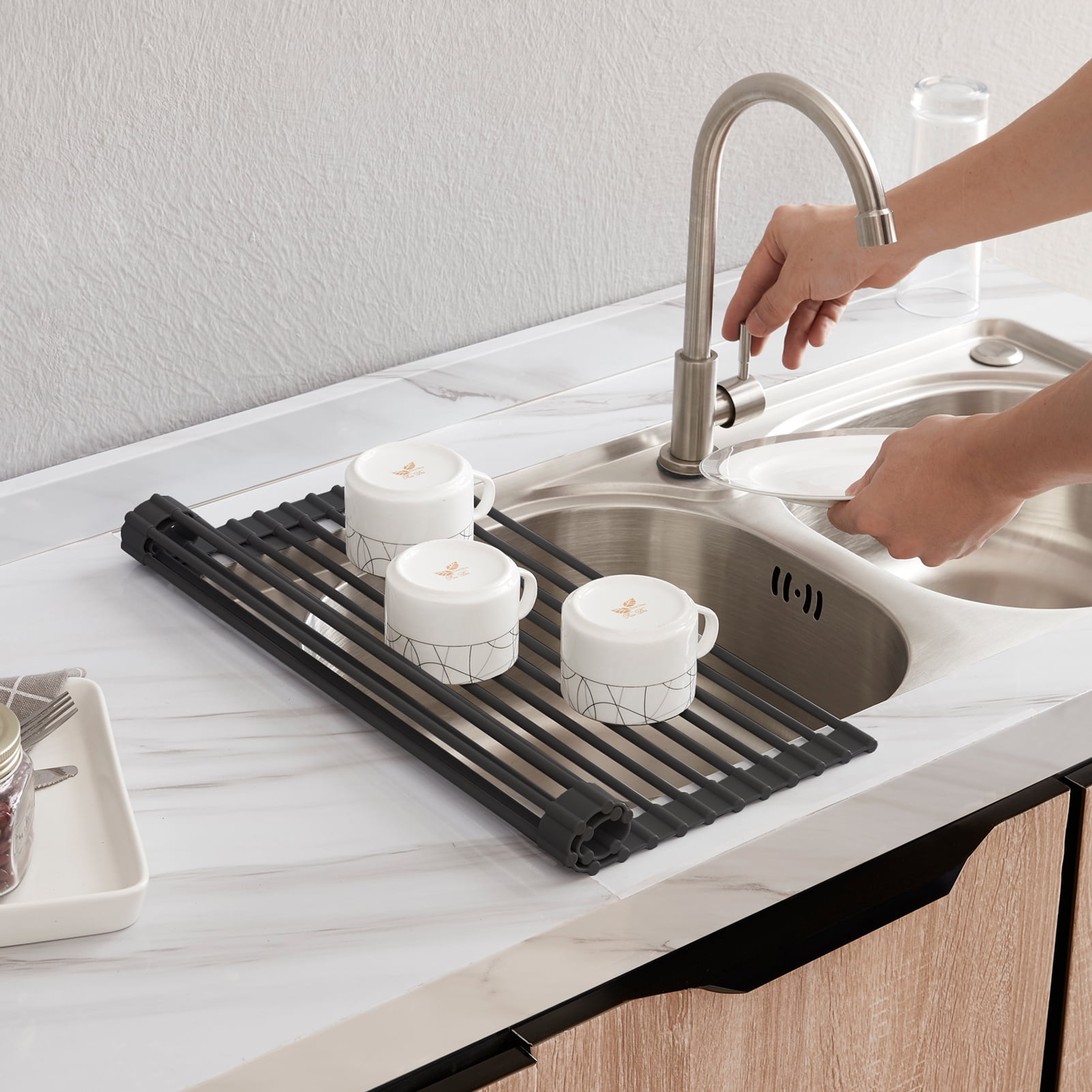 LIMNUO 20.5 x 13.2 Roll Up Dish Drying Rack Silicone Wrapped Steel Foldable Dish Drying Rack Gray