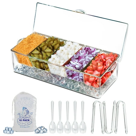 LIMOEASY Chilled Condiment Server, Clear Garnish Tray with Lid for Bar for Parties with 5 Removable Compartments, Ice Serving Containers for Fruit, Caddy, Snack, Sauce
