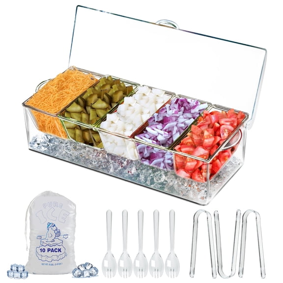 LIMOEASY Chilled Condiment Server, Clear Garnish Tray with Lid for Bar for Parties with 5 Removable Compartments, Ice Serving Containers for Fruit, Caddy, Snack, Sauce