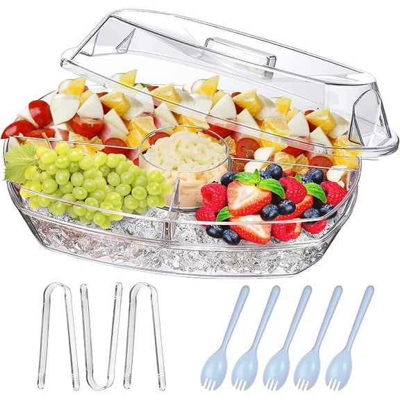 LIMOEASY Chilled Serving Tray, 15" Clear Plastic Ice Party Platter with Lid & 4 Compartments, Shrimp Cocktail Serving Dish, Cold Food Buffet Server for Fruit, Veggie, Appetizer