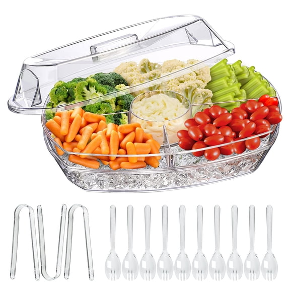 LIMOEASY Chilled Veggie Tray, 15 Inch Clear Party Platter with 4 Compartments, Ice Serving Bowl with Lid, Cold Food Buffet Server for Fruit, Vegetable, Appetizer, Shrimp Y101