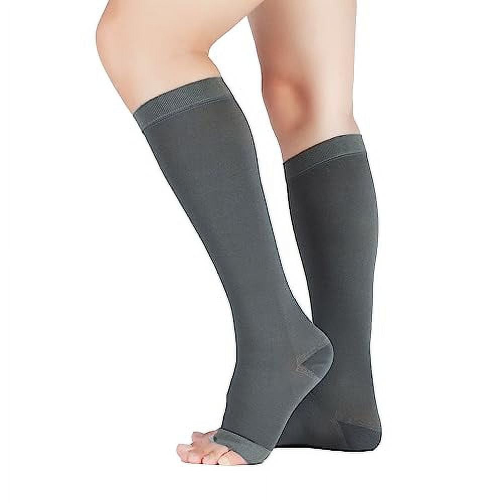 LIN PERFORMANCE 20-30 mmHg Compression Socks for Women and Men Knee High Open  Toe Stockings for Varicose Vein Swollen legs (M,Grey) 