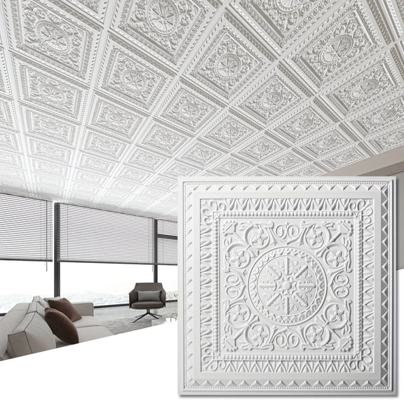 LIN White Drop Ceiling Tiles, Glue Up Ceiling Tiles, Hanging Decorative Tiles 2'x2' Plastic Sheet 12-Pack, 48 Sq.ft