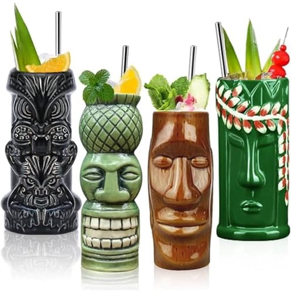 Tiki Mugs Cocktail Set of 4 - Large Ceramic Hawaiian Party Mugs Drinkware, Cute Exotic Cocktail Glasses, Tiki Bar Professional Hawaiian Party Barware, TKSET0012 (4 pack)