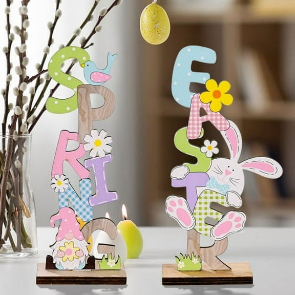 LINASHI 2Pcs Easter Rabbit Pattern Table Sign Wooden Centerpiece Signs for Dining Room Easter Bunny for Spring Holiday Easter Party Decor Ornament