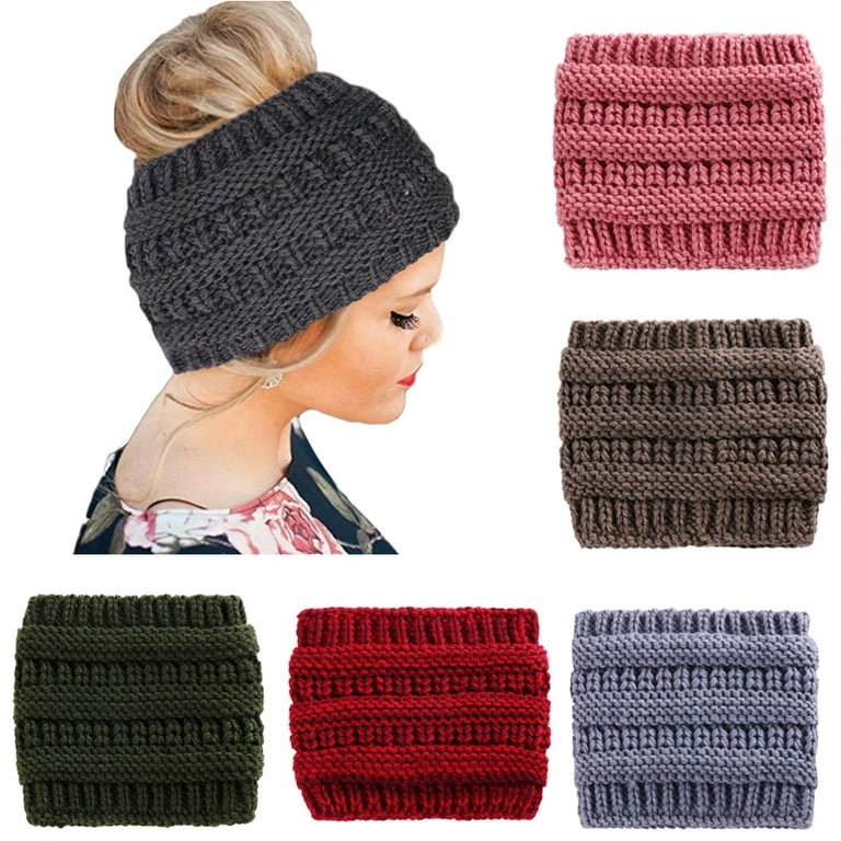 Linashi Beanie Hats for Women Winter Warm Ponytail Hole Hair Cap Elastic Woolen Knitted Stretch Beanie Hat Women s Size One Size