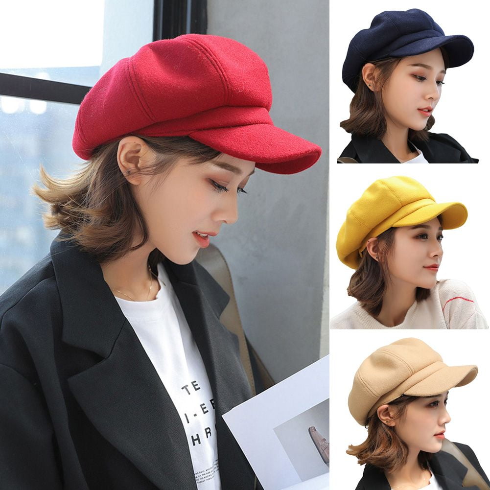 LINASHI British Style Beret Hat, Classic Wide Brim Solid