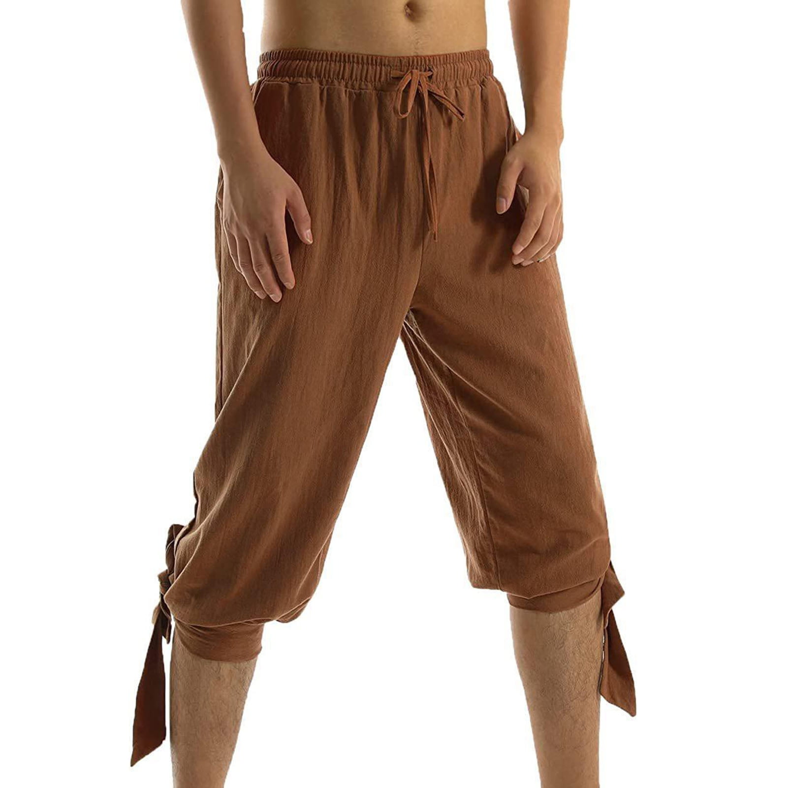LINASHI Men Pants Pirate Pants Elastic Waist Pockets Medieval