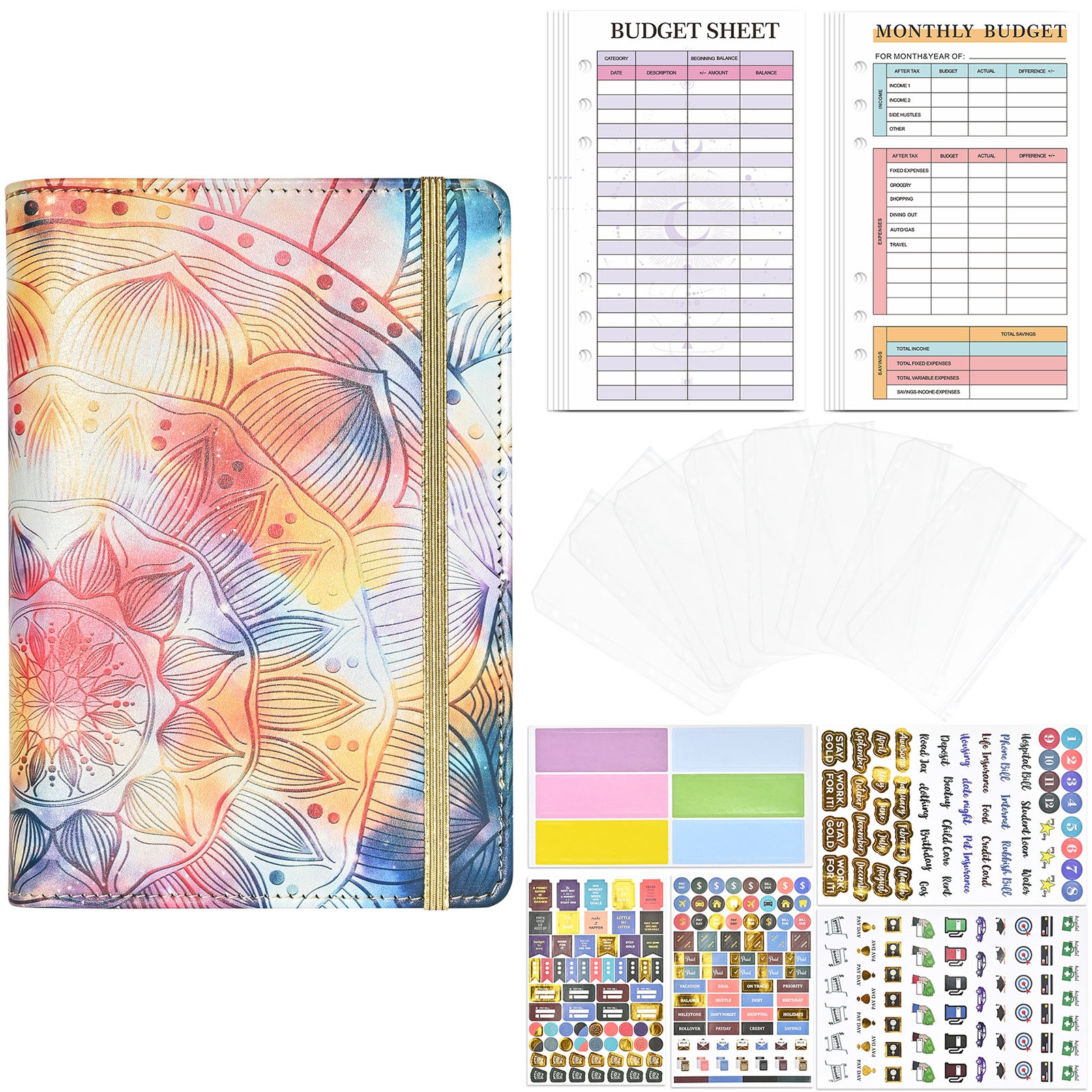 LINASHI Multicolor Sheets Stylish A6 Binder Flower Printed with Zipper Envelopes Organize Cash