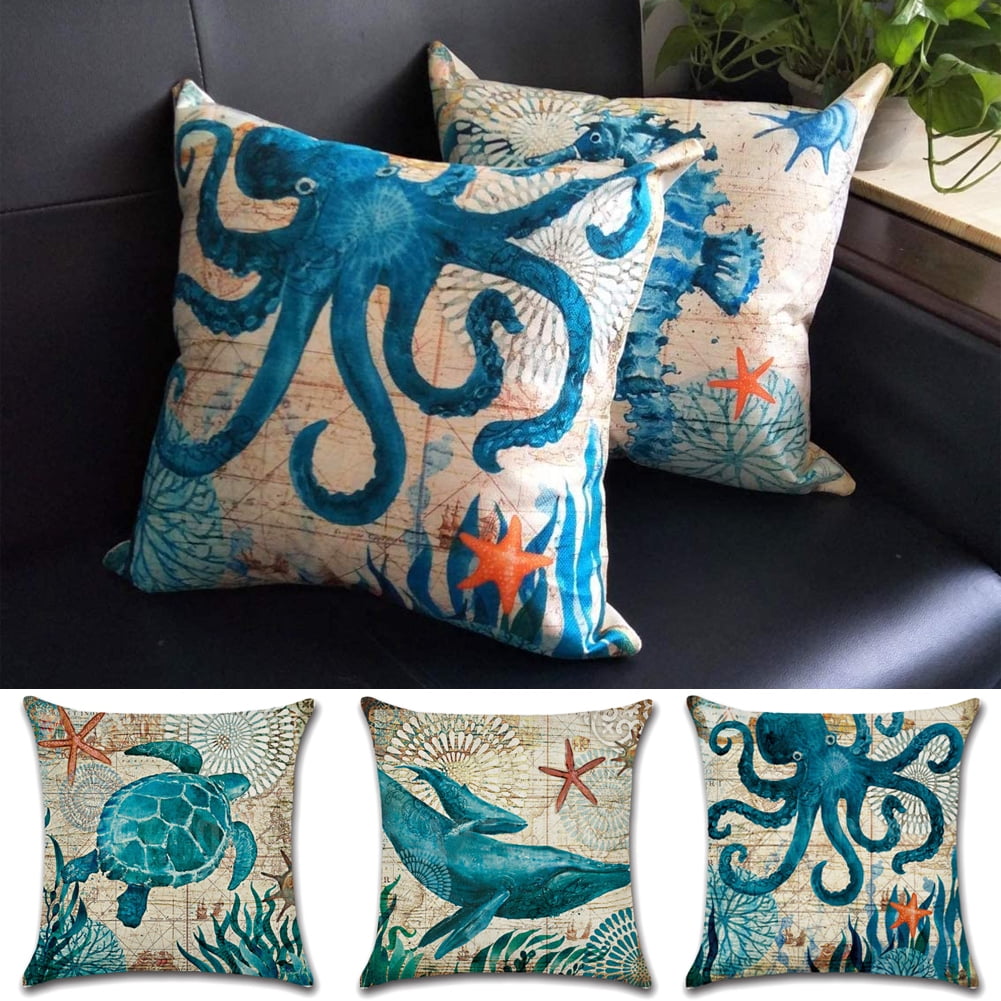 Nautical Coastal Throw Pillow Covers 18x18 Set of 2 Beach Theme Blue  Seashell Coral Starfish Pillow Cover Cotton Summer Couch Pillow Cases  Outdoor