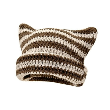 LINASHI Striped Beanie Japanese Style Streetwear Harajuku Beanie Hat Women Autumn Winter Bonnet Cute Cat Ears Hat for Cold Weather Knitted Hat