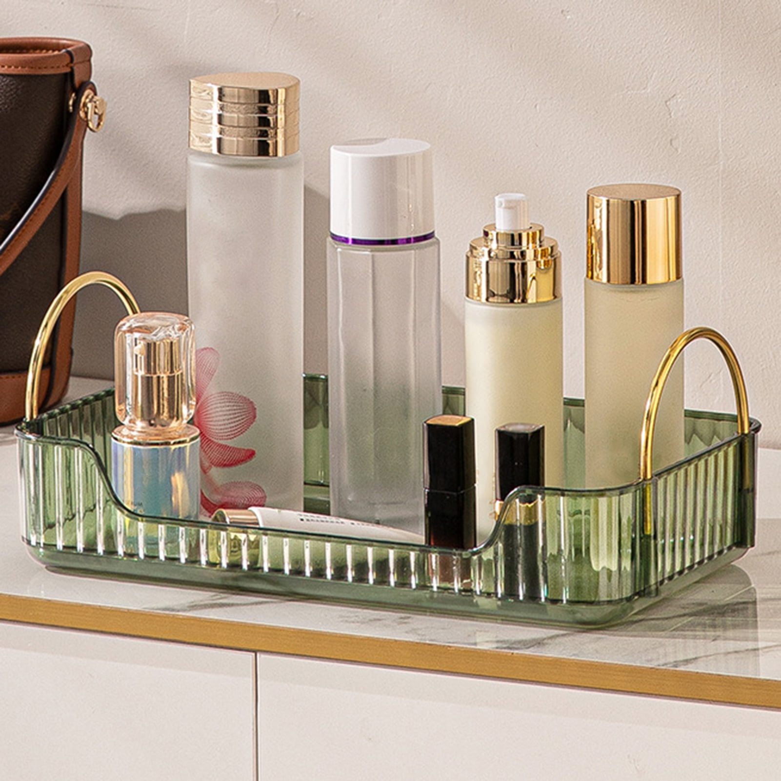 LINASHI Visible Makeup Tray Makeup Storage Tray with Metal Handle