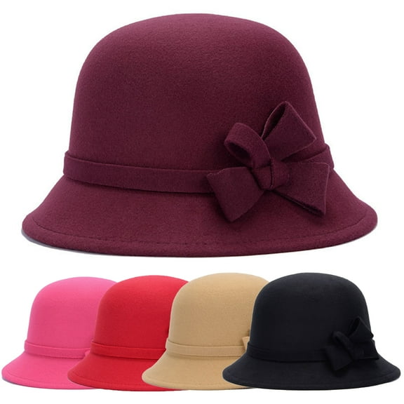 LINASHI Winter Autumn Hat Brim Church Cap Women Lady Wide Brim Floppy Hat Belt Faux Wool Hat for Tea party