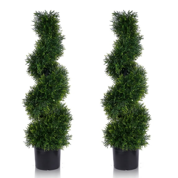 LINBONIO 3FT Artificial Spiral Cypress Tree,Topiary Trees Artificial Outdoor-Indoor Outdoor Decor - Plastic Pots - Set of 2