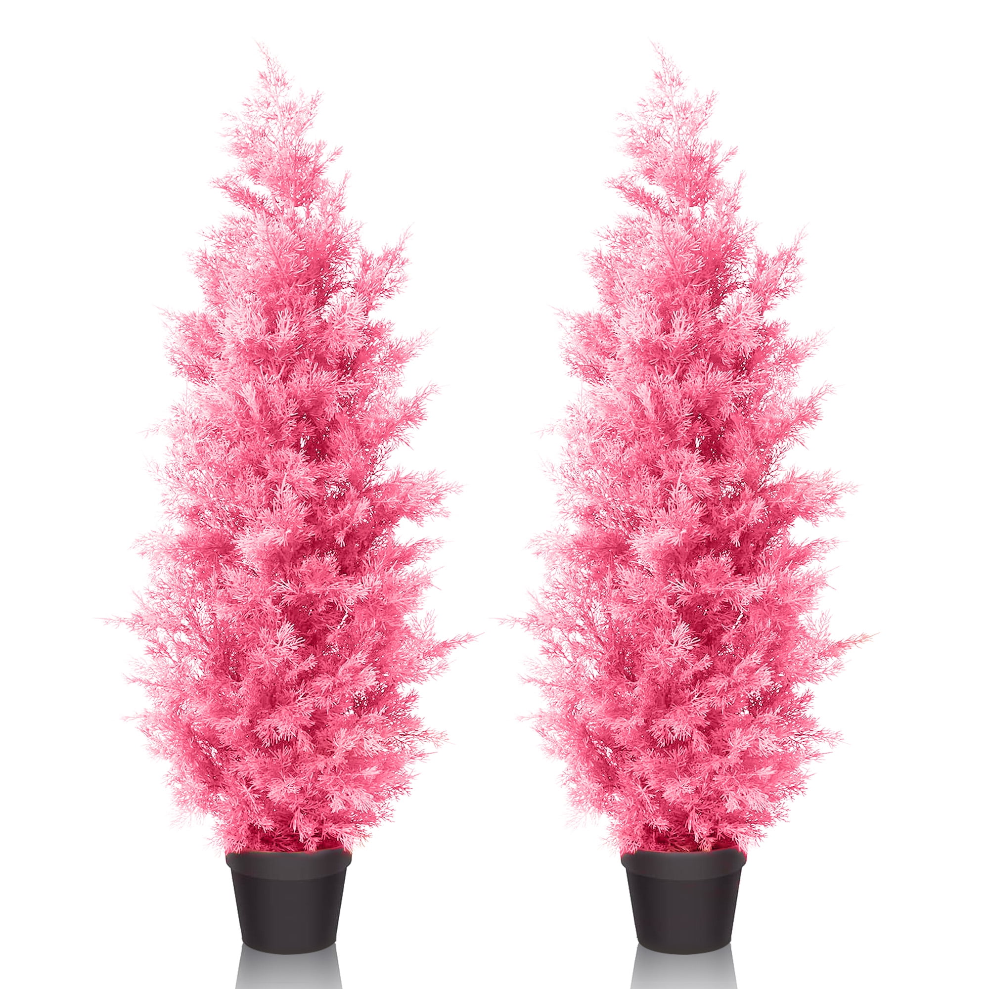 4-Foot Pink Artificial Cedar Pine Trees in Black Pots, Set of 2