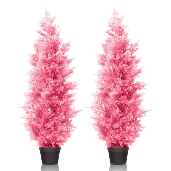 LINBONIO 4 ft Pink Artificial Cedar Tree UV Protection Faux Cedar Pines Outdoor Garden Office Store Front Porch Decoration 2 Pack