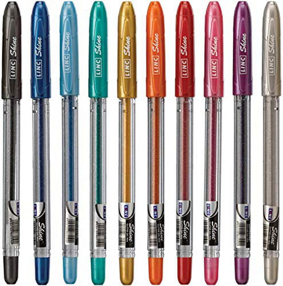 LINC Shine Glitter Gel Pen Contoured Grip Broad, 1.0 mm, Medium Tip Size, Multicolor Ink, 10 Pack