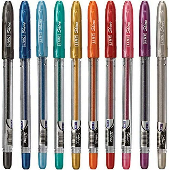 LINC Shine Glitter Gel Pen Contoured Grip Broad, 1.0 mm, Medium Tip Size, Multicolor Ink, 10 Pack