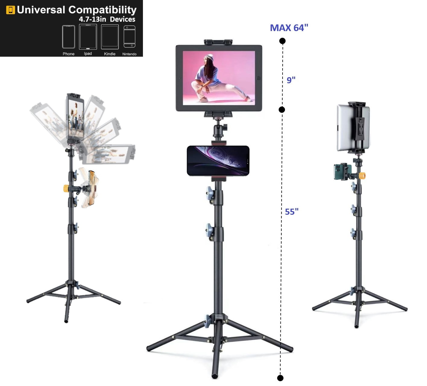 LINCO 55" Adjustable Steel iPad Tablet Tripod Stand with 360° Rotating Mic Stand Phone Holder