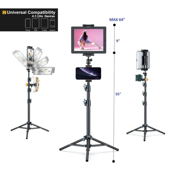 LINCO 55" Adjustable Steel iPad Tablet Tripod Stand with 360° Rotating Mic Stand Phone Holder