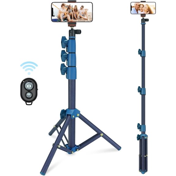 LINCO Adjustable Selfie Stick 52” Heavy Duty Rotatable Selfie Stick with Bluetooth Wireless Remote Shutter for iPhone Samsung-Blue 8884