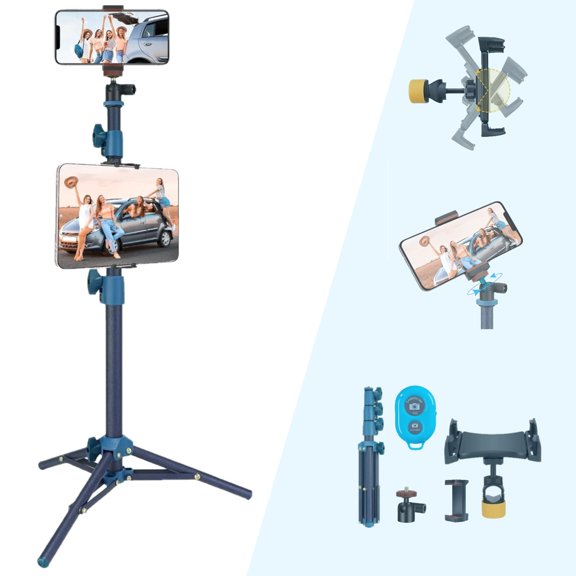 LINCO Adjustable iPhone iPad Selfie Stick Tripod 52” Bluetooth Remote Mic Stand Tablet Holder -Blue