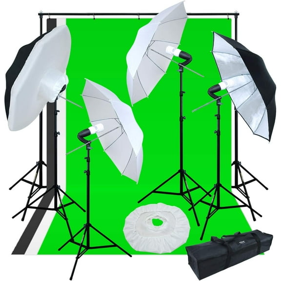 LINCO LED Photography Studio Lighting Backdrop Stand Kit 3 Color Muslin (Black/White/Green) Background Support Kit 10ftx6.7ft -AM185