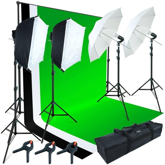 LINCO LED Photography Studio Lighting Backdrop Stand Kit 3 Color Muslin (Black/White/Green) Background Support Kit-AM243