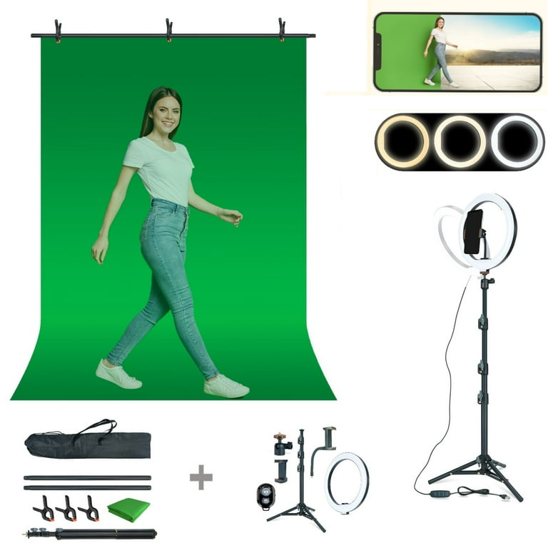 LINCO T Shape Backdrop Stand with Green Screen 10 Ring Light Stand Lighting Kit for TikTok