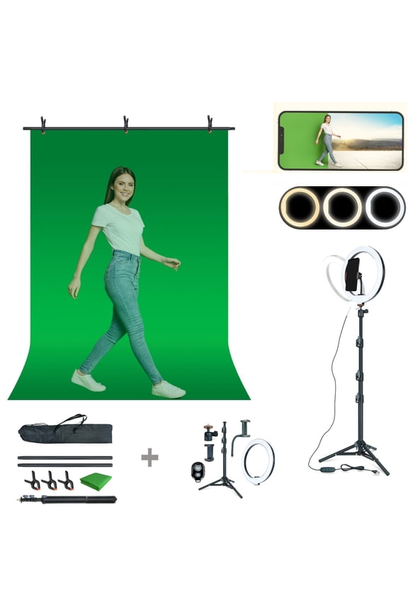 T-Shape Backdrop Stand with Green Screen & 10" Ring Light Stand Lighting Kit for TikTok