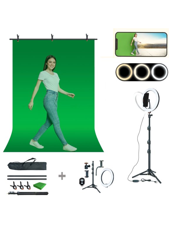 T-Shape Backdrop Stand with Green Screen & 10" Ring Light Stand Lighting Kit for TikTok