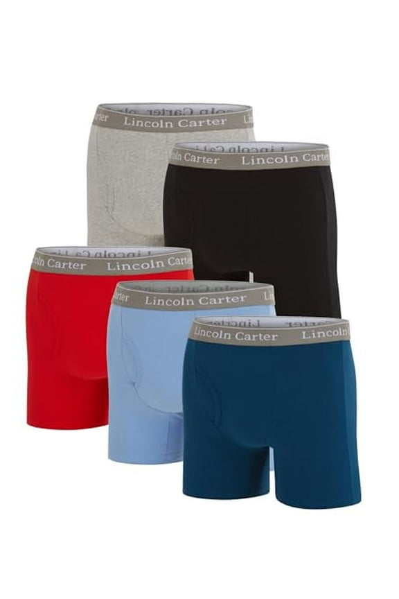 Men's Cotton Stretch Boxer Briefs, Pack of 5, Anti-Chafing, Soft, Cooling, Tagless - L, Black/Navy/Red/Grey/Lt Blue
