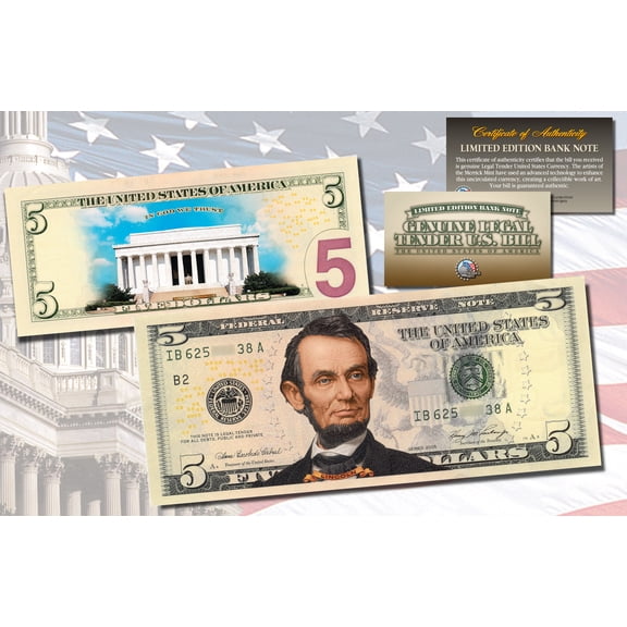 LINCOLN MEMORIAL DAY VERSION Genuine Legal Tender COLORIZED 2-Sided $5 US Bill